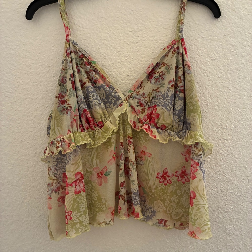 Y2K Babydoll Goblincore Mesh Crop Cami Women Size XL Green Floral Witchy Earthy